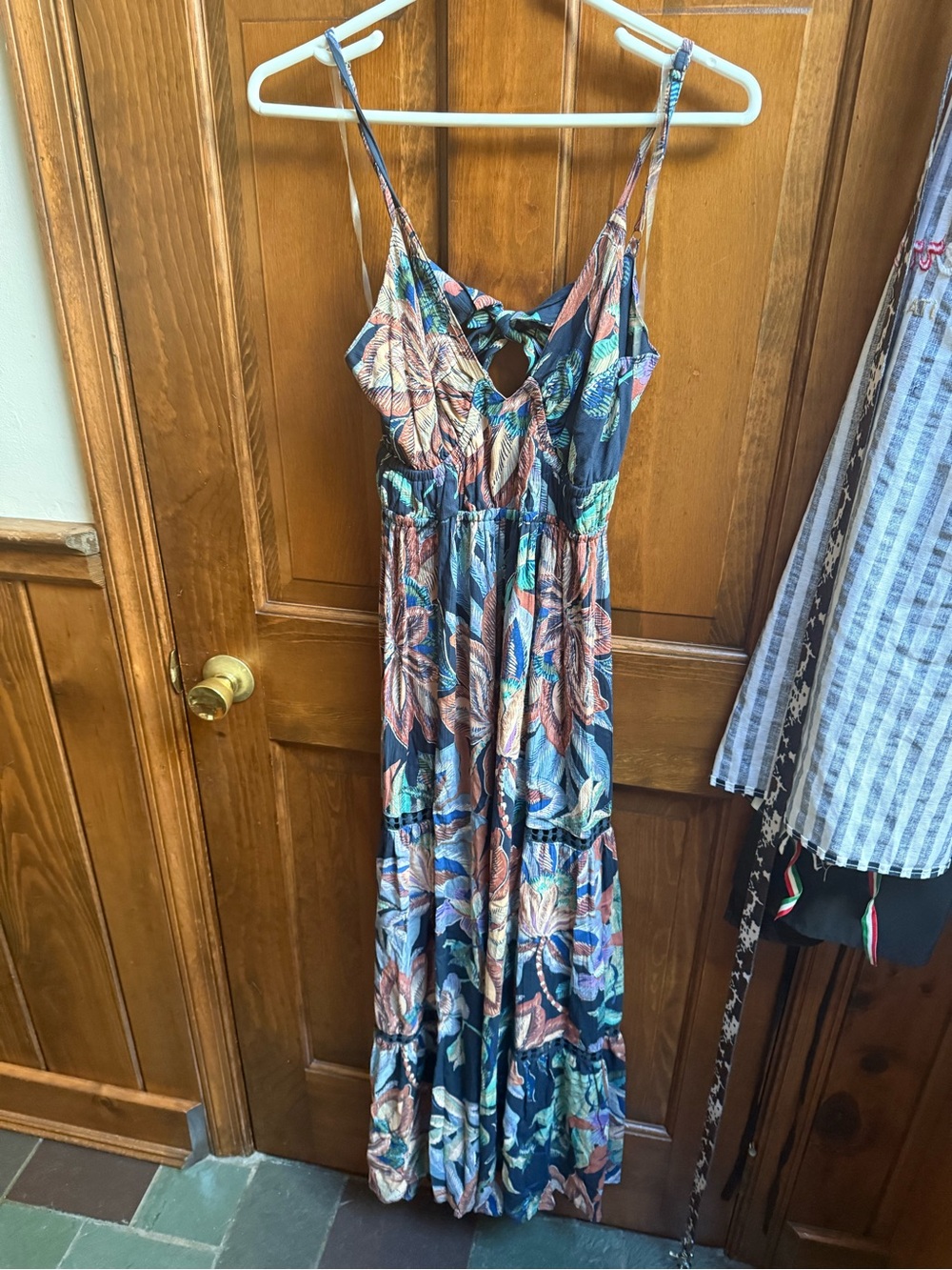 Angie Navy Floral Maxi Dress with Teal and Coral Leaves